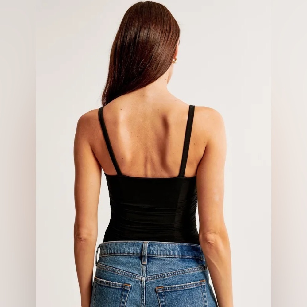 Abercrombie & Fitch Black Mesh Crepe Ruched Squareneck Bodysuit, Size Small - Picture 3 of 9